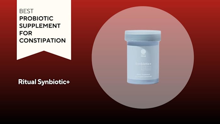 An image of a bottle of Ritual Synbiotic+ against a red background.